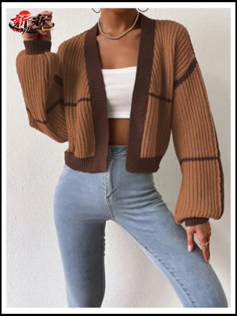Color Block Crop Cardigan Bishop Long Sleeve Open Front Sweater - Picture 4 of 7